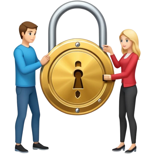Two people exchanging cryptocurrency with a secure lock in the middle representing escrow emoji
