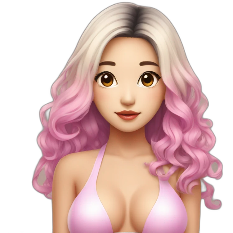 asian latina girl, bikini, kpop idol, full body, trendy hairstyle, pink to beige gradient hair, pretty girl emoji