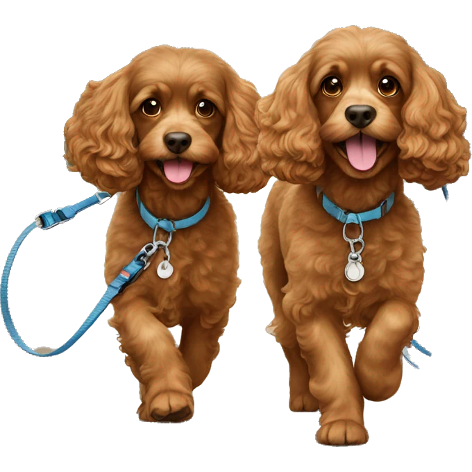 Two adorable brown cavapoos walking on leash emoji