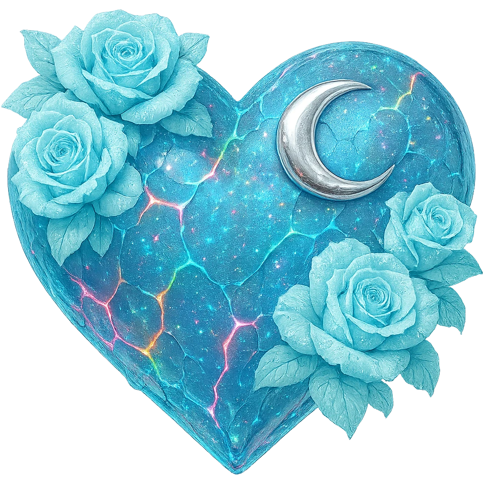 Edit the gothic heart to have cracked light blue glass, a silver crescent moon, light blue roses, shimmering holographic stardust, neon lightning accents, and a glossy wet appearance. Keep the background transparent. emoji