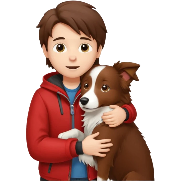 Menino fofo de pele branca e cabelo castanho comprido usando uma jaqueta vermelha abraçando um border collie marrom  emoji
