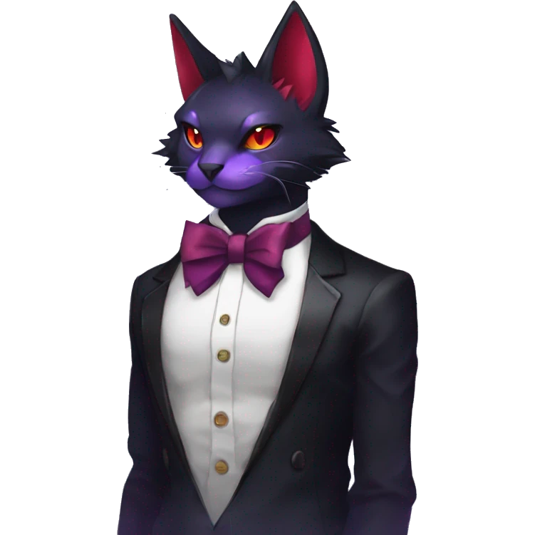 cool cartoon anthro edgy distinguished ethereal elegant beautiful fantasy black purple red ethereal fantasy nargacuga-Noivern-cat-Quiana-Fakemon collar harness bow tie full body emoji