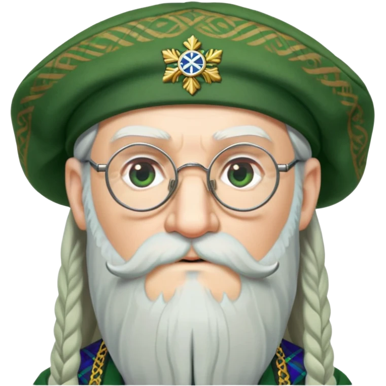 Dumbledore wear green scotland Tam o'shanter cap with decorative patterns, wear glasses, very long beard emoji