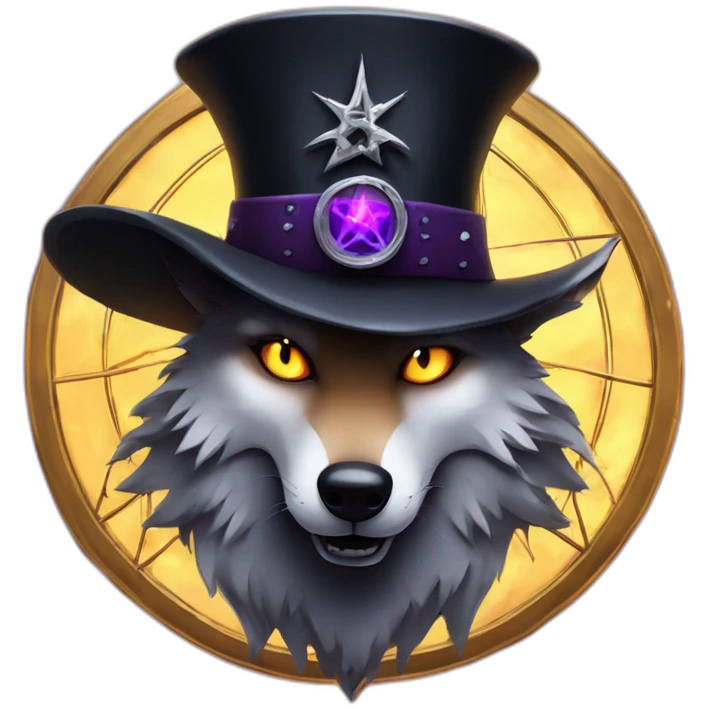 demonic wolf with a pentagram top hat and a pentagram chain with a haunting night background emoji