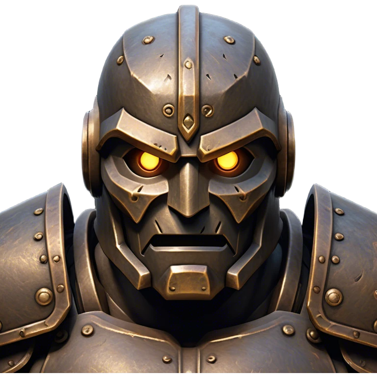 Cinematic Noble Mighty Iron Golem Portrait Emoji Poised and imposing, with a towering, metallic form forged from intricately detailed plates of burnished steel and ancient bronze, etched with faint traces of runes and weathered marks of time. Its piercing, glowing eyes radiate unwavering resolve, casting a solemn and commanding presence; rendered with lifelike texture and natural metallic highlights, high shine, elegant yet indomitable, styled with an aura of legendary endurance, focused and resolute, soft glowing outline, capturing the essence of an eternal guardian, standing vigilant and immovable as if ready to awaken at any moment with unstoppable might! emoji