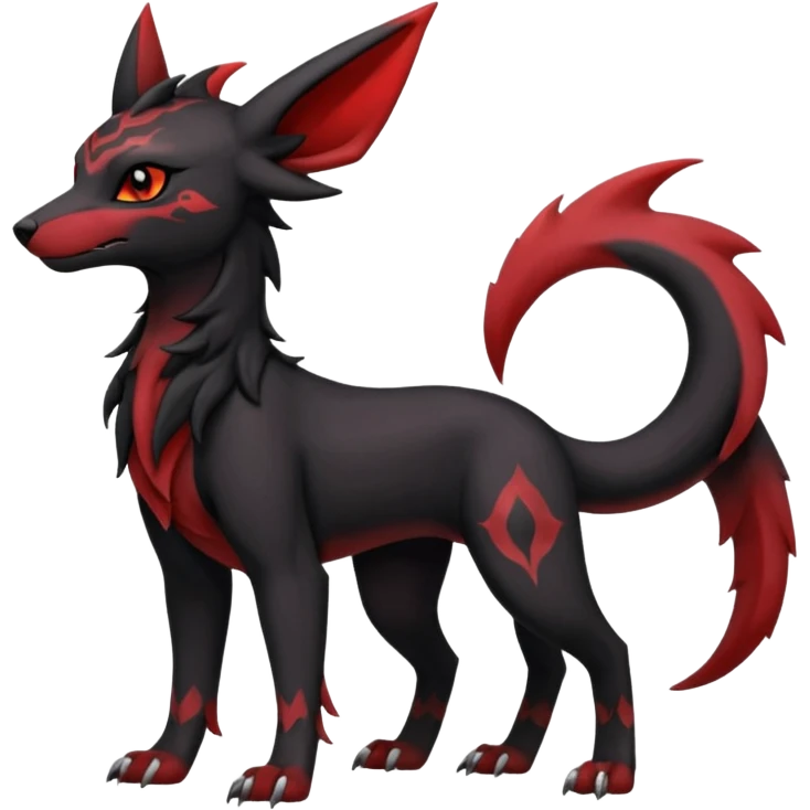 Dusky Soot-Black and Crimson-Gleaming Ember-Veined Gothic Draconic Houndour-Umbreon-Zoroark-hybrid creature (full body) emoji