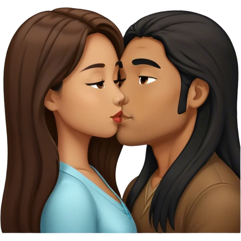 Caramel brown Guy with long black hair kissing brown hair Filipina emoji
