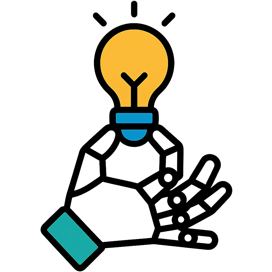 robotic hand holding a lightbulb, tech-inspired style, lineal color icon with black outlines emoji