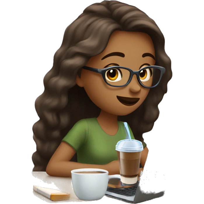 Girl drink ice coffee during study on laptop  emoji