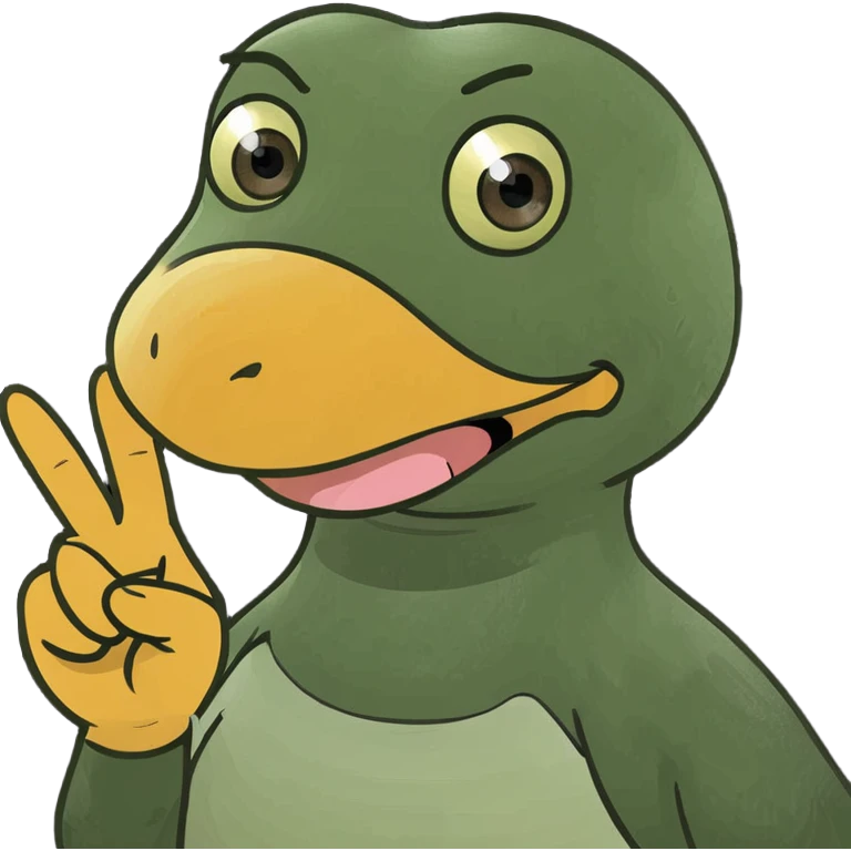 A cute duck with a sarcastic smile holding up its middle finger emoji