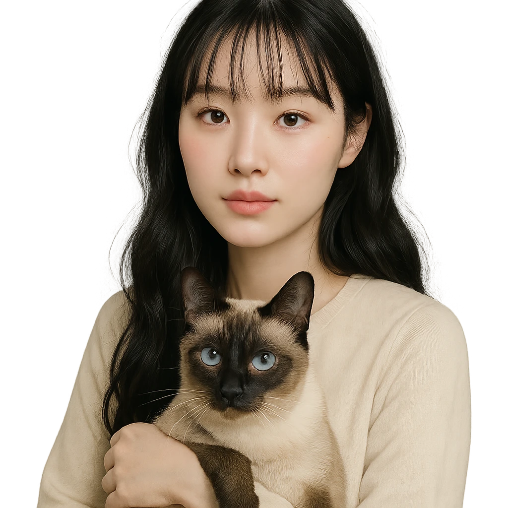 white-skinned East Asian woman with black see-through bang bangs, long wavy hair down to chest, round brown eyes, light pink blush on cheeks, pink lips, holding a Siamese cat emoji
