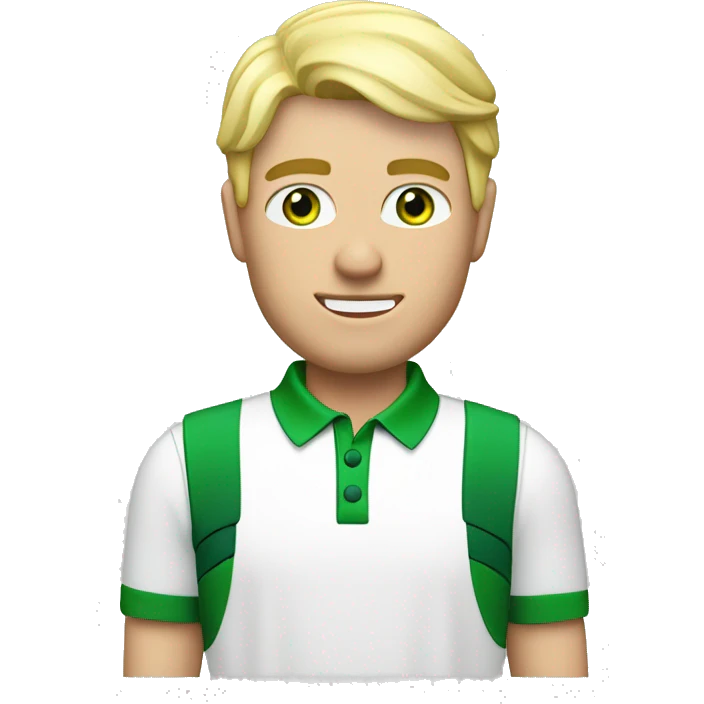 Men with blond hair, green eye, wearing white and green golf outfit. Playing golf emoji