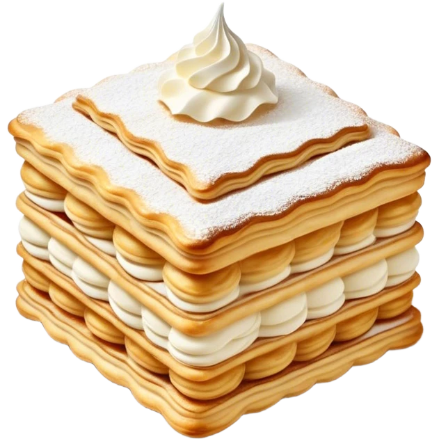 Cinematic Realistic Mille-Feuille Dessert Emoji, depicted as layered puff pastry with rich cream and a dusting of powdered sugar rendered with intricate textures and elegant, soft lighting. emoji