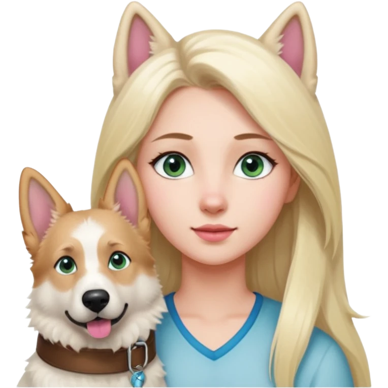 White European young woman with blue-green eyes and long blond hair with her white German Shepherd dog,the Dog hast a pink nose and short fur  and Brown eyes emoji