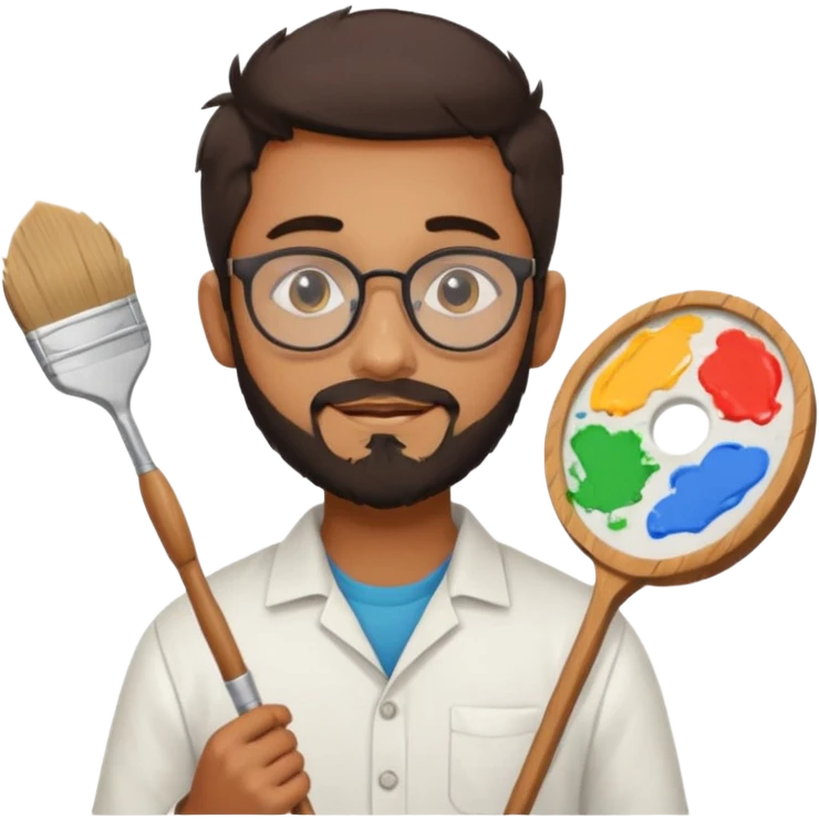 generate an ios genmoji of a 20 year old tan indian boy with rounded spectacles and a whaler beard, carrying a paintbrush and palette emoji