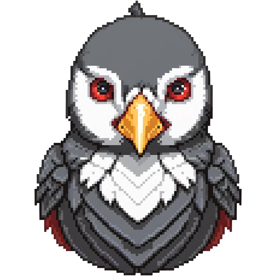 detailed gray crow head, reddened cheeks, big white eyes with determined look, short pointed beak emoji