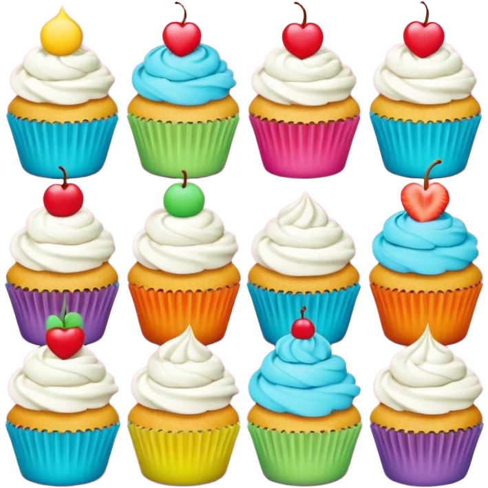 A 3D cartoon poster displayed on a wall, showing cupcakes with bright colors, clear text and borders, flat layout, realistic Memoji-style design. emoji