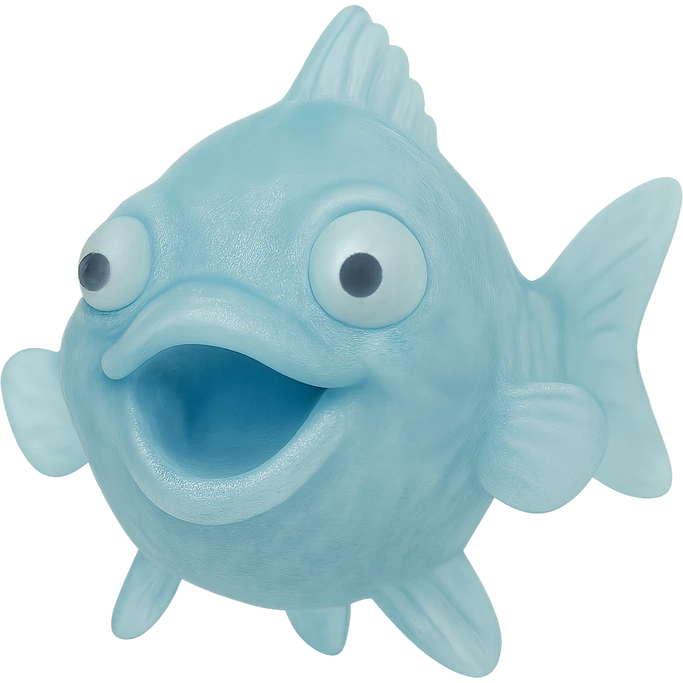 Make the fish even more transparent, with eyes going in different directions, keeping the clear bright blue color, hyper-detailed soft plastic 90's toy look, soft reflections, soft and squishy, some cloudiness, not shiny, hyper-realistic, retro, highly detailed, appealing. Remove the background. emoji