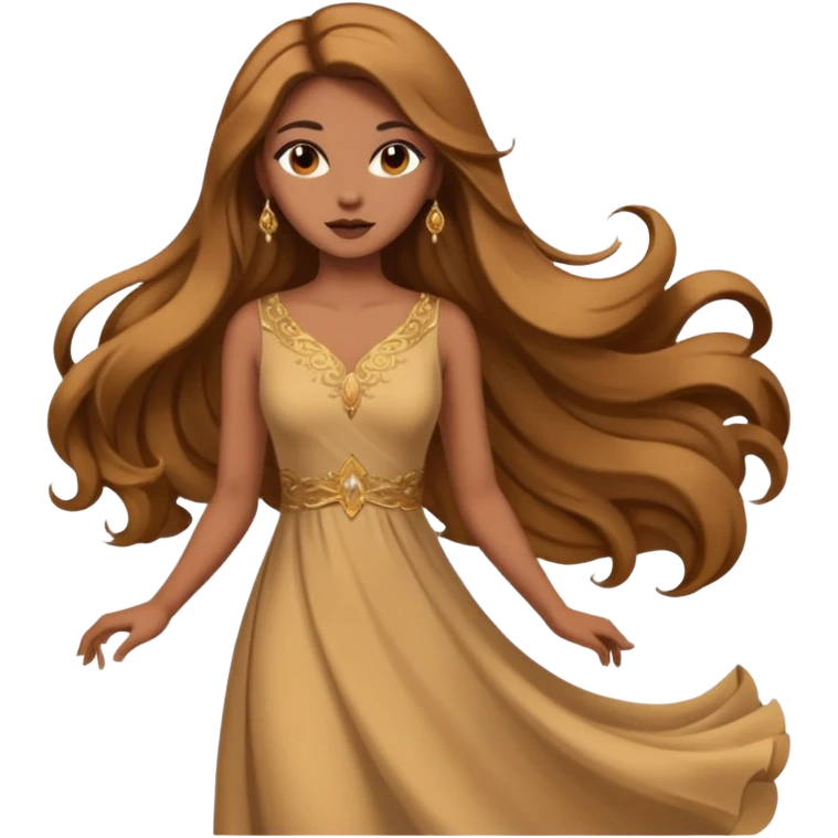 Woman using a long elegant dress. She has medium skin tone and a brown with gold makeup emoji