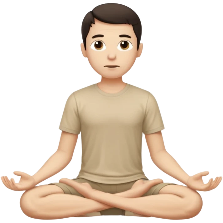 rapaz magro cabelo escuro, camiseta bege e  bermuda bege escuro, corpo inteiro meditan emoji