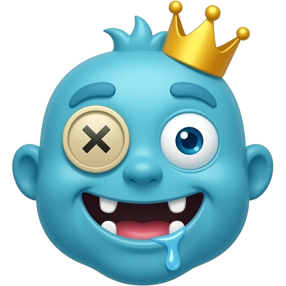 A blue guy with a  button  that has an x on it for his right eye he’s smiling and drooling and he has a crown he has no hair and he is a monster he has no teeth emoji