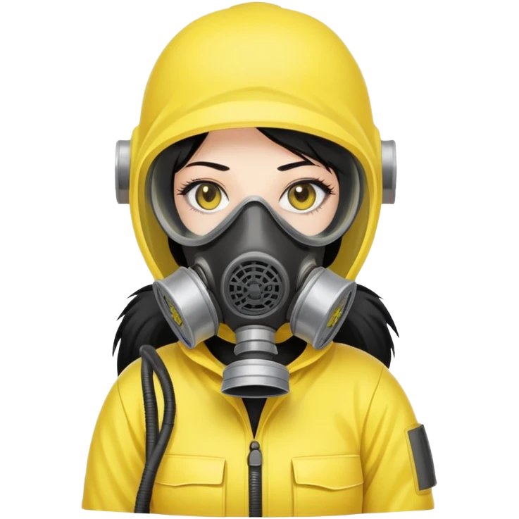 Sticker of a girl with straight black hair, wearing a yellow hazmat suit and a gas mask. Serious atmosphere, cartoon style, radiation danger background. emoji