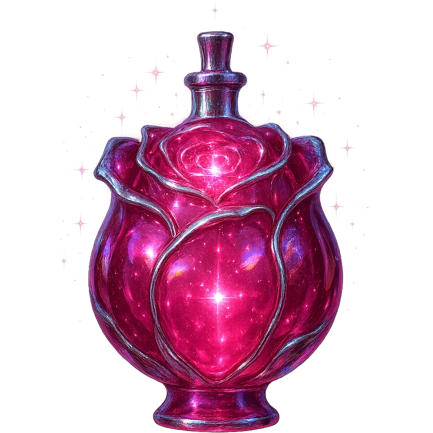rose-shaped luxurious elixir bottle, deep pink color, iridescent and silver details, maximum intense magical glowing and sparkling effects, very small neck, seamless bottom, transparent background, floating, no base or shadow, modern, matching a collection emoji