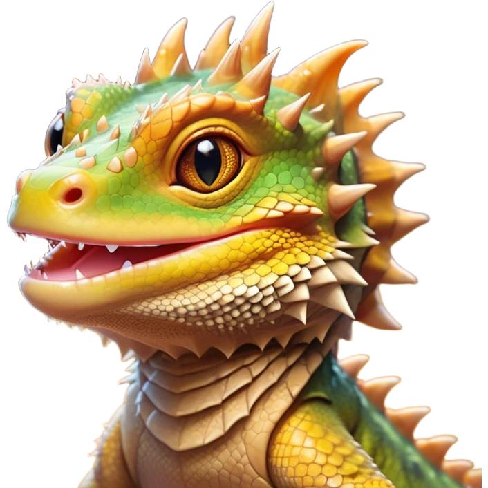 Cinematic Cute Bearded Dragon Portrait Emoji, Head tilted playfully and inquisitively, featuring a glossy, scaled hide in warm olive hues with an adorably scrunched spiky beard and round, sparkling eyes full of curious mischief, Simplified yet irresistibly adorable features, highly detailed, glowing with a warm, friendly glow, high shine, affectionate and lively, stylized with a touch of rugged whimsy, bright and endearing, soft glowing outline, capturing the essence of a mischievous yet loving dragon, so playful it feels like it could scamper out of the screen into your arms! emoji