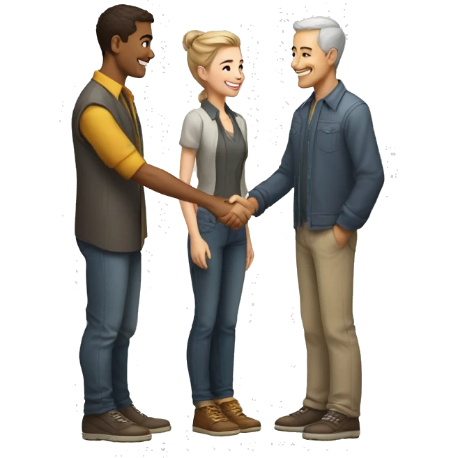 an old restaurant owner and young blogger in youth clothes, shaking hands, both with light skin, in great detail, in full height emoji