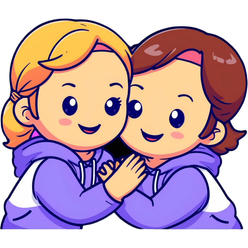 Two adorable girls with their cheeks touching, smiling, friendship pose emoji