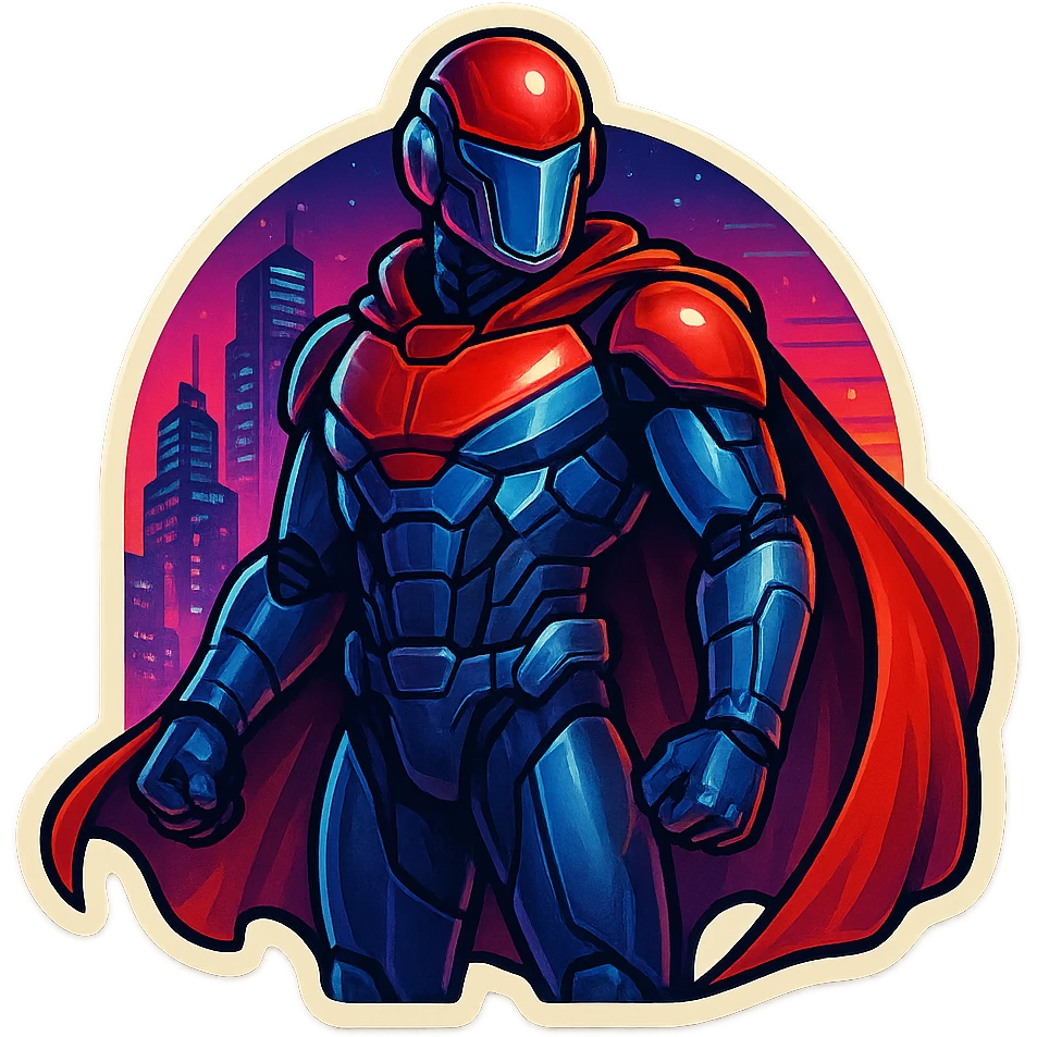 Scarlet Duke from the future, retro sticker style, advanced tech suit, red cape, neon city background, sticker style emoji