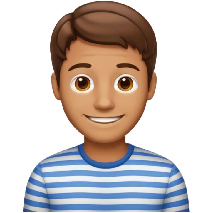 “Cartoony emoji avatar man, tanned skin, short wavy hair, wearing a striped shirt, smiling, clean turquoise background.” emoji
