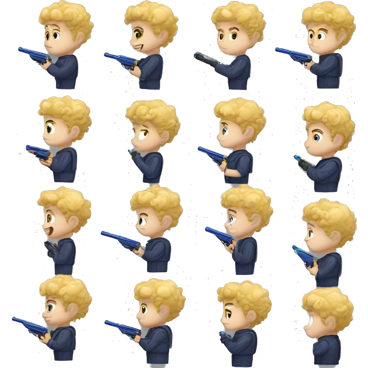 Little white boy with blonde curly hair and a nerf gun emoji