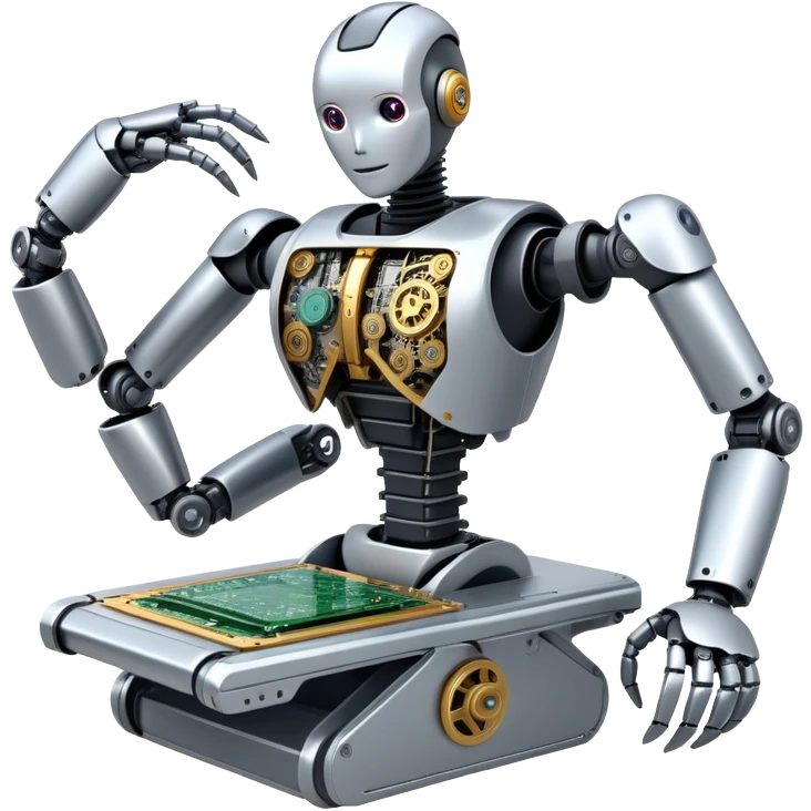 n icon featuring a humanoid robot assembling parts with mechanical arms, a circuit board in its chest, and a conveyor belt in the background. The design includes gears, sensors, and a robotic claw, symbolizing robotics innovation and automation. Transparent background emoji