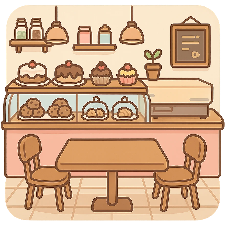 一个可爱的甜品店室内场景，前面有一张方形大桌子 emoji