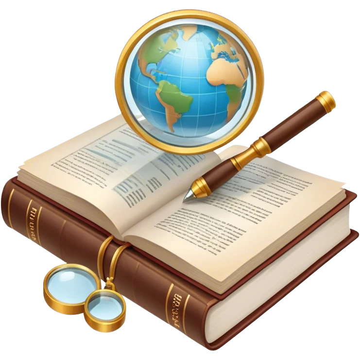 Icon for Non-Fiction Reading: an open book with pages filled with factual text, surrounded by a magnifying glass, a globe, and a stack of reports. The icon should convey the investigative and informative nature of documentary and non-fiction literature. Transparent background. emoji