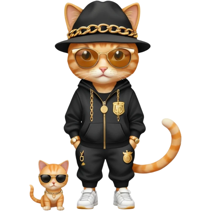 female cat dressed like Run DMC with tracksuit, fedora, Adidas shoes, dark sunglasses, lots of gold chains, rings, bracelets, earrings, upright emoji
