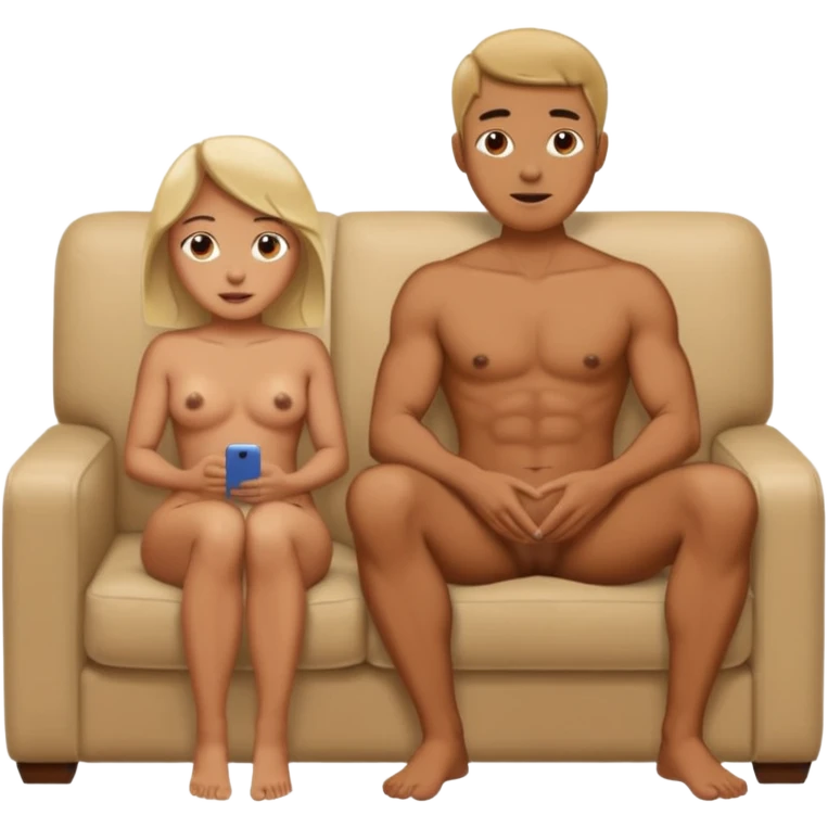 Мужчина сидит на диване полностью голый, а женщина рядом с ним сидя тоже полностью голая держит его хуй  emoji