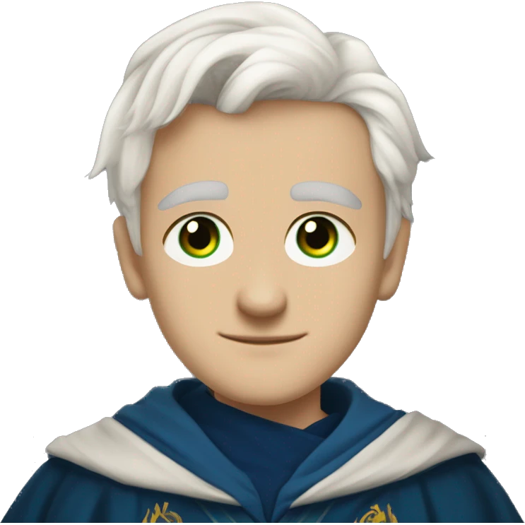 16 year old boy, white hair, white eyebrows, light skin, green eyes, scar on right eye in ravenclaw hogwarts robes. emoji