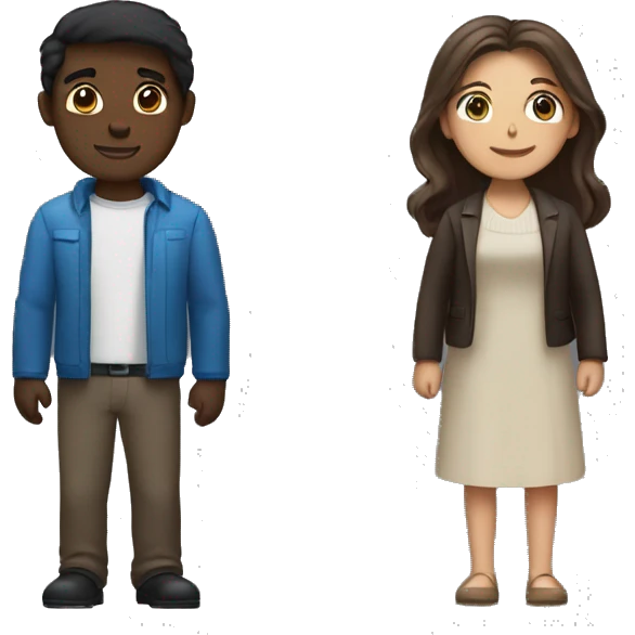 Couple facing each other with arms around each other. man with brown skin and black hair. Shorter white woman with long brown hair and blue eyes  emoji