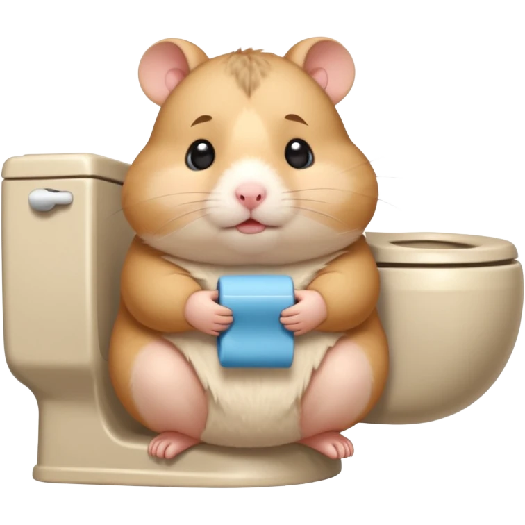Cute chubby cartoon-style hamster sitting on toilet looking as if he had an accident, sticker-style illustration emoji