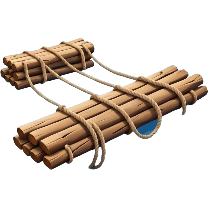 showing a simple wooden raft floating on calm blue water — made of several brown logs tied together with rope — gentle ripples around it — bright, cheerful lighting and soft shadows — minimalist, clean emoji design emoji