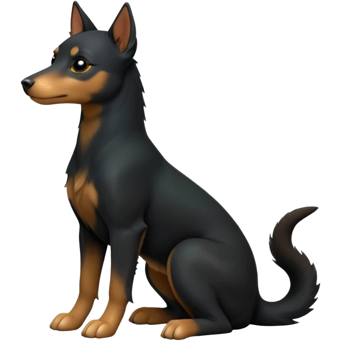 cinematic-[kelpie]-realistic-full-body-sitting-emoji,-tail-resting-loosely-beside-its-paws,-head-tilted-dramatically, -sleek-[Black and tan]-fur,-simplified-yet-realistic-focused-features,-highly-detailed,-glowing-with-an-almost-sarcastic-glow emoji