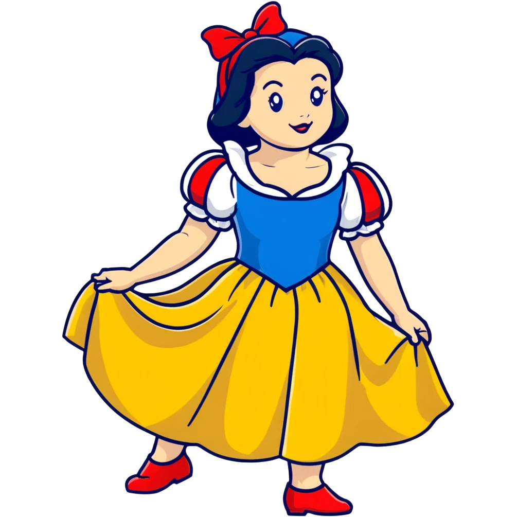 Snow White standing gracefully in a lush forest, surrounded by the Seven Dwarfs emoji