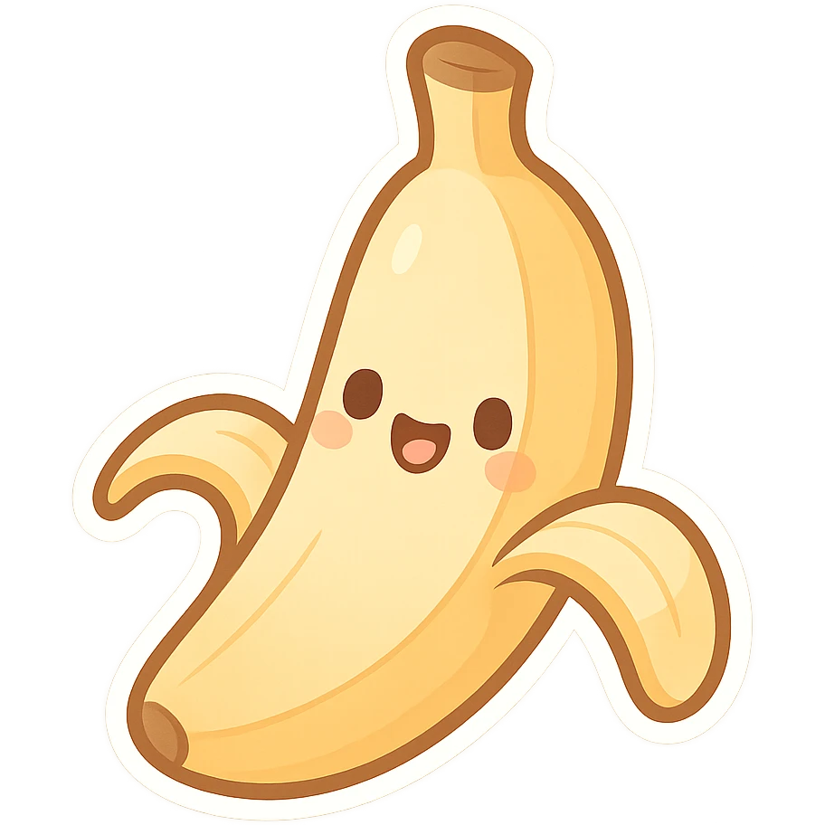 chibi sticker-style banana with a smiling face, cute and exaggerated emoji