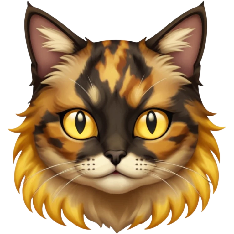 long hair tortoiseshell cat with a black face, white neck and yellow lightning mark above left eye emoji