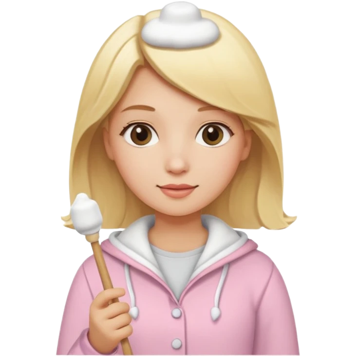 blonde woman cute clothes holding marshmallow stick emoji