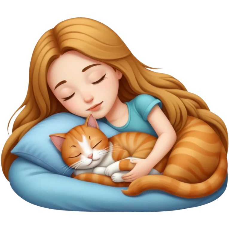 Generate a picture of a beautiful girl with long hair sleeping with a cat emoji