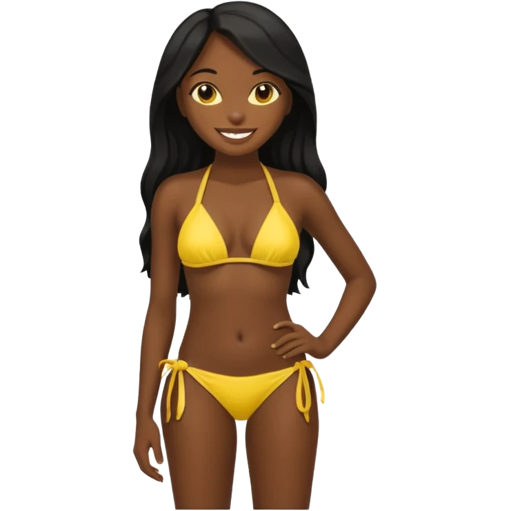 Dark black skin, african girl, long black hair, yellow bikini smiling, full body, hand on hip. emoji
