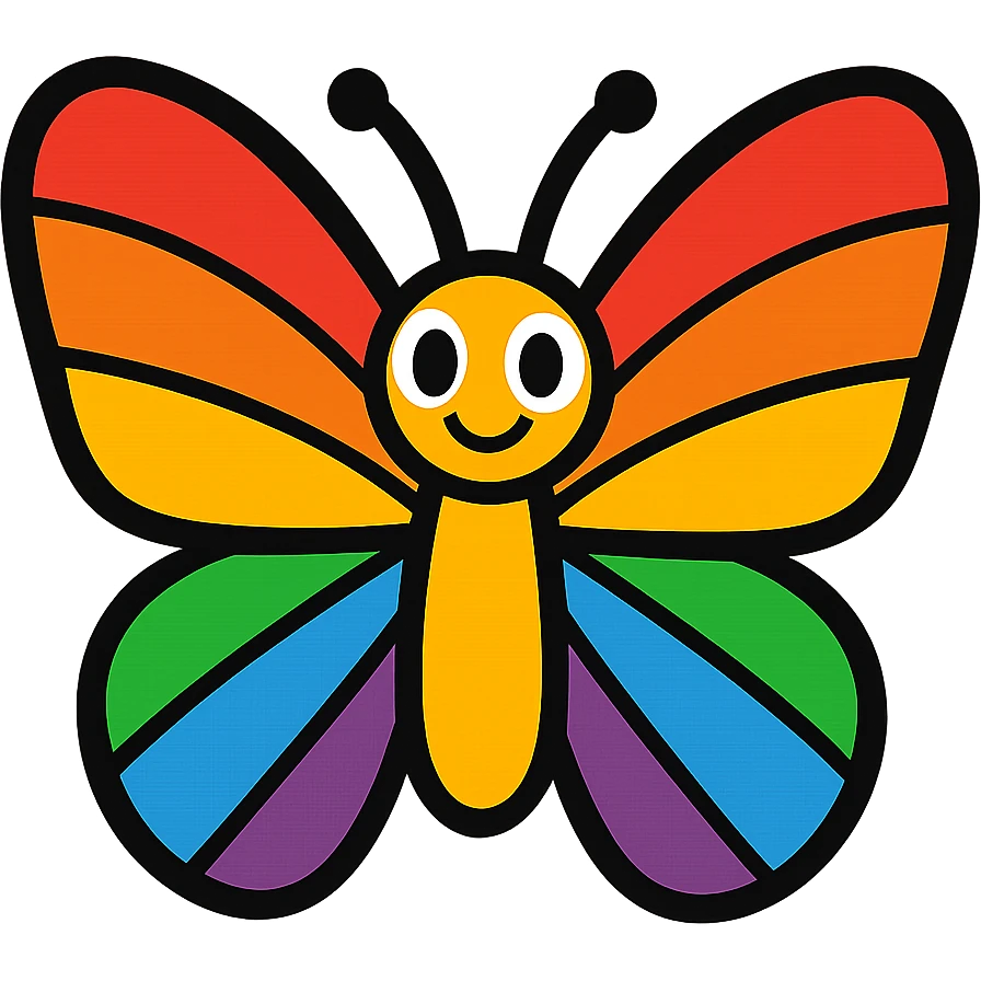a butterfly in vibrant toon style, bright and colorful, cartoon look, rainbow pride colors emoji